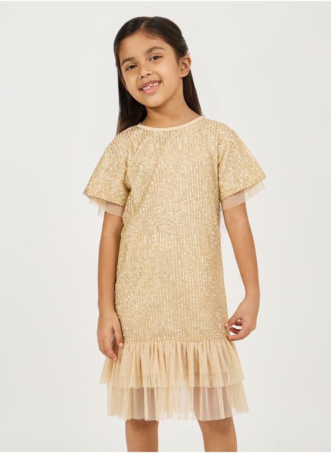 Styli Sequined A-Line Dress with Mesh Insert  - Image 2