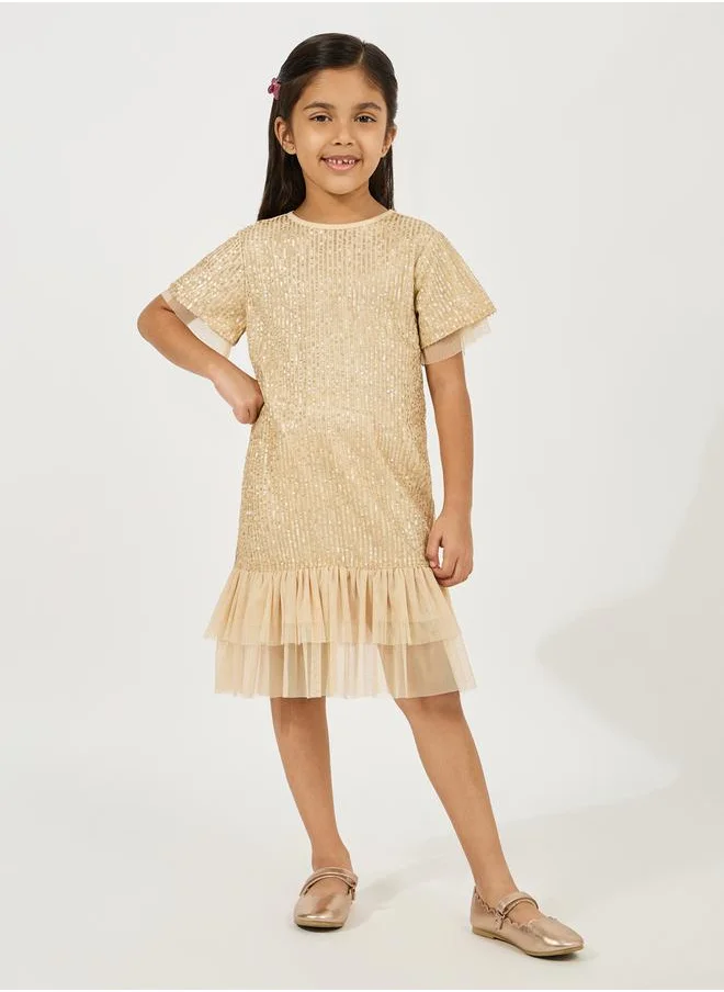 Styli Sequined A-Line Dress with Mesh Insert