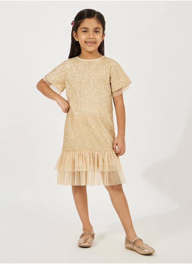 Styli Sequined A-Line Dress with Mesh Insert  - Image 1