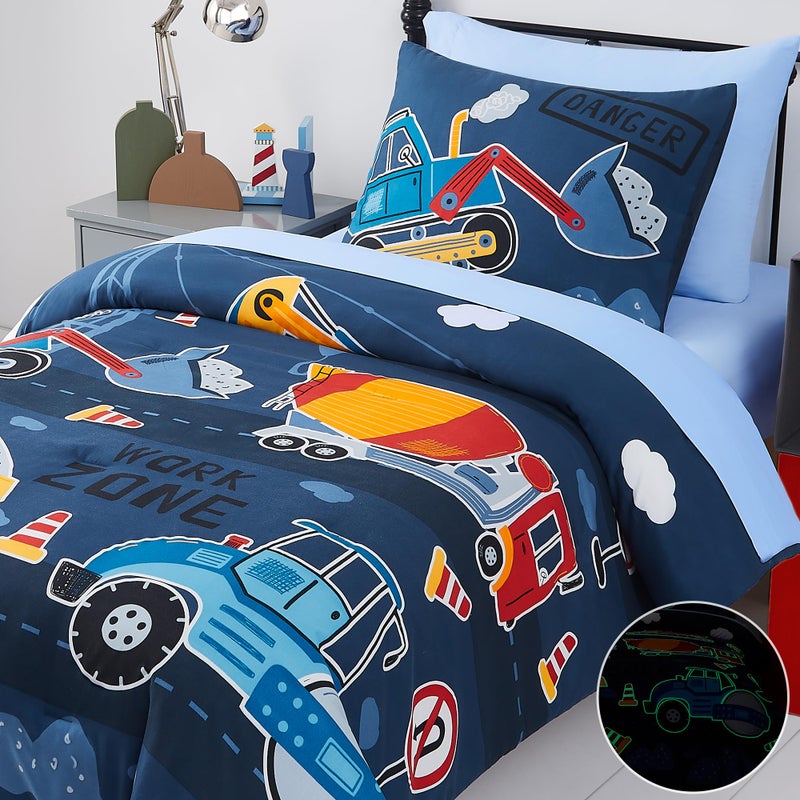 Kaleido Space Twin Kids Comforter Set - 5 Pieces Twin Bedding Sets for Boys Teen, Glow in The Dark Truck Tractor Excavator Bed in A Bag with Sheets - Image 3