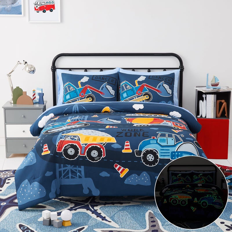 Kaleido Space Twin Kids Comforter Set - 5 Pieces Twin Bedding Sets for Boys Teen, Glow in The Dark Truck Tractor Excavator Bed in A Bag with Sheets - Image 2