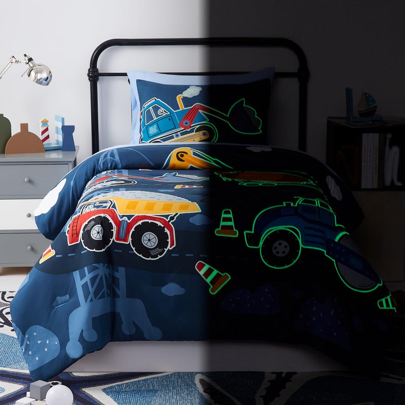 Kaleido Space Twin Kids Comforter Set - 5 Pieces Twin Bedding Sets for Boys Teen, Glow in The Dark Truck Tractor Excavator Bed in A Bag with Sheets - Image 1