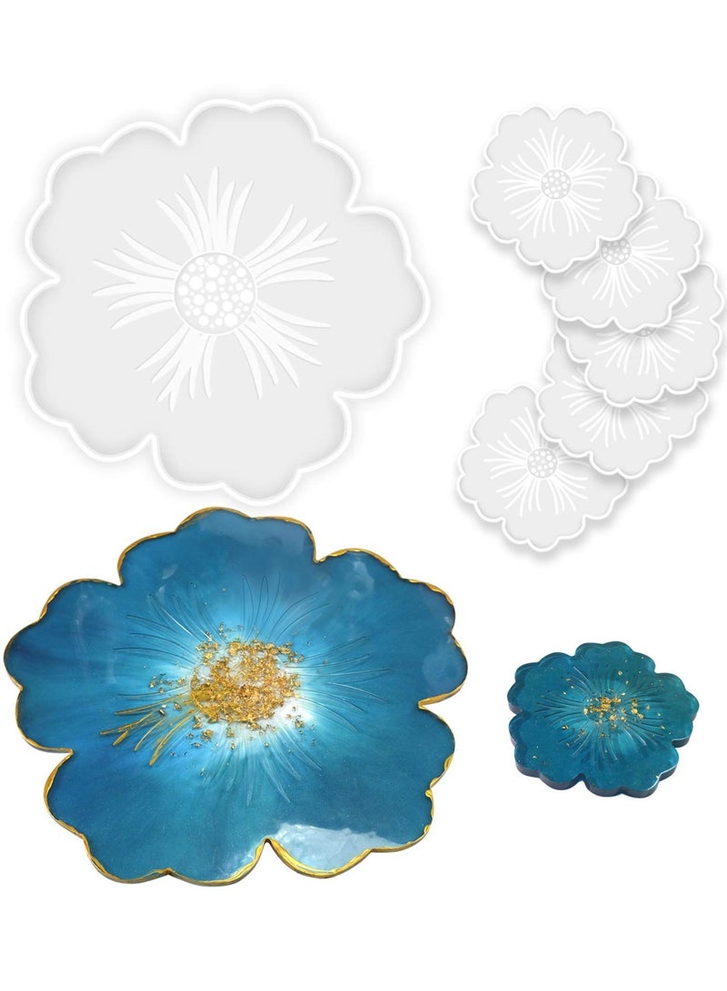 SYOSI Silicone Resin Molds, 1Pcs Large Resin Tray Mold and 5Pcs Coaster Molds for Resin Casting, Flower Shape Epoxy Resin Casting Molds - Image 1