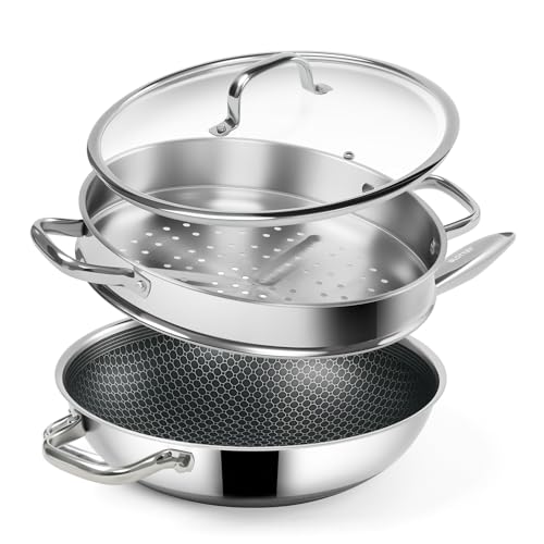 SLOTTET Hybrid 12-Inch Wok with Steamer,Nonstick Stainless Steel Woks & Stir-fry pans with Lid,Stay-Cool Handle,PFOA Free Cookware,Dishwasher and Oven Safe, Works on Induction - Image 1