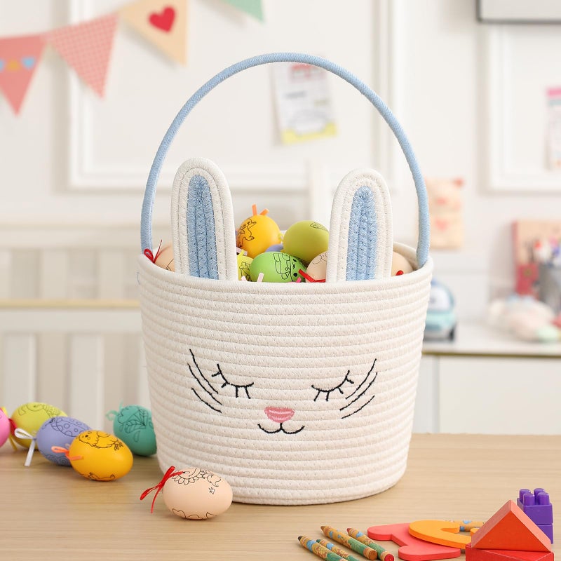 YMhoart Easter Basket with Handle Woven Baby Gifts Empty Bunny Basket For Girls Boys Kids Gift Baby Shower Wedding Flower (White/Blue) - Image 2