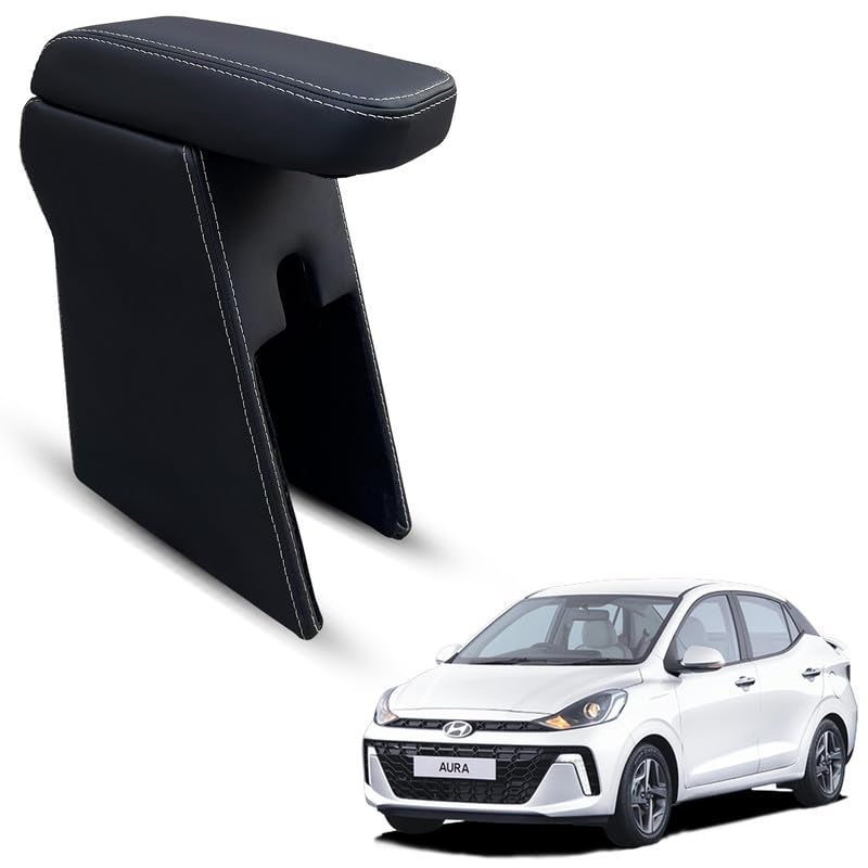 Carigiri Premium Finish Car Armrest with Storage Box And High Density Moulded Foam For Hyundai Aura (Black With White Double Stitching,Nappa Leatherette) - Image 1