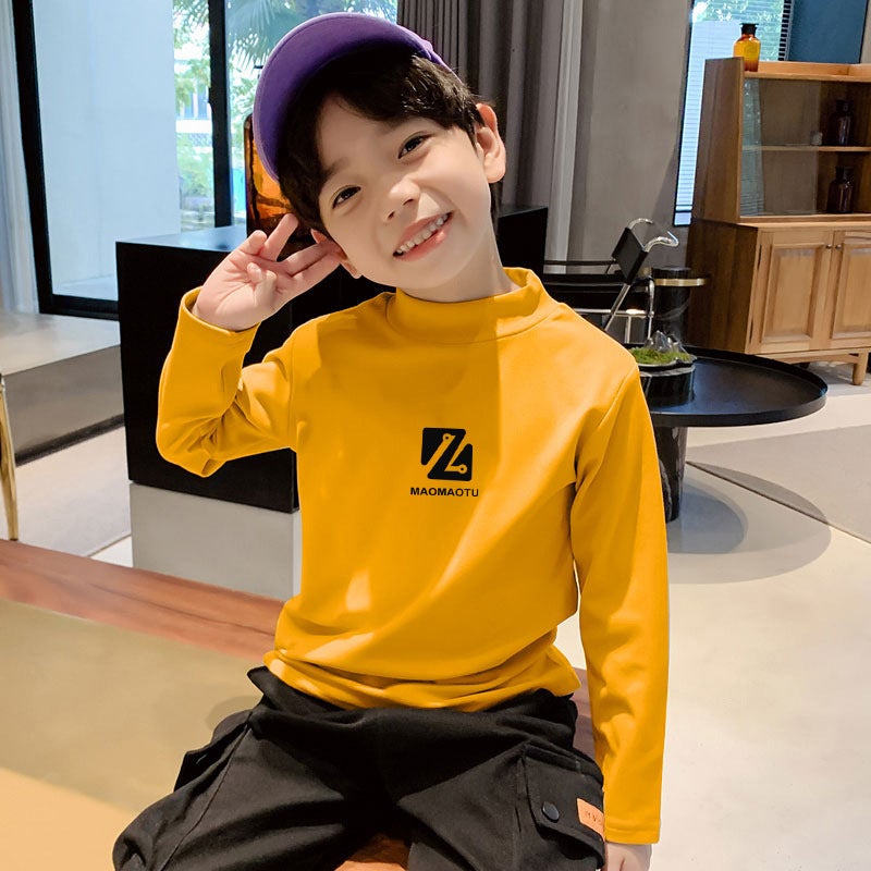 Children'S Base Shirt Half High Collar Boys' Warm Inner Long Sleeve T-Shirt Double-Sided T-Shirt - Image 1