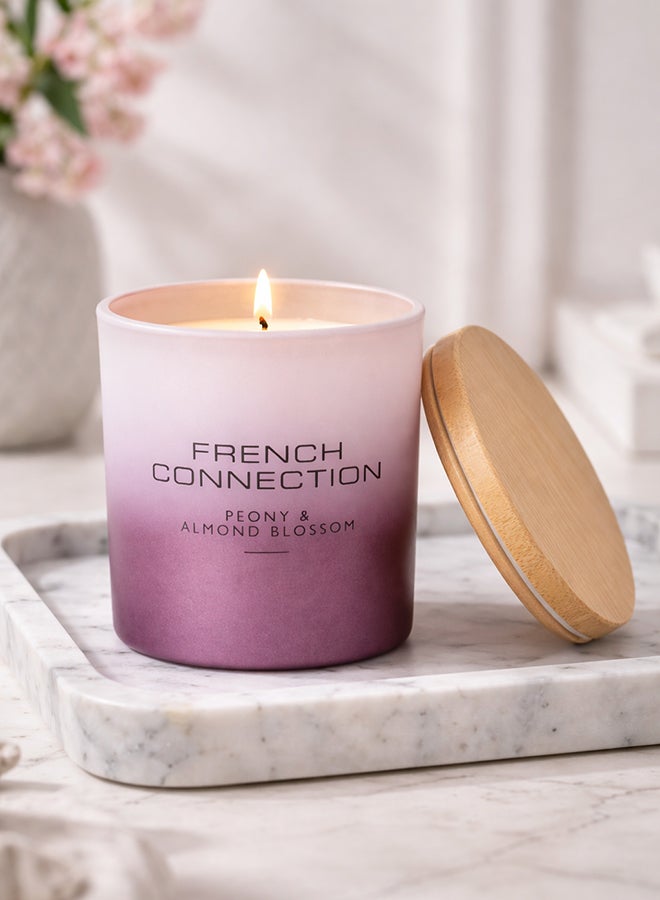 French Connection شمعة جرة معطرة ببتونيا وزهرة اللوز - 200 جرام، 1 فتيلة مع غطاء خشبي | مدة الاحتراق - 37 ساعة | مجموعة أومبري | مثالية للهدايا، ديكور المنزل، الحفلات وعطر الغرف | مثالية لديكور غرفة المعيشة والمكتب - Image 1