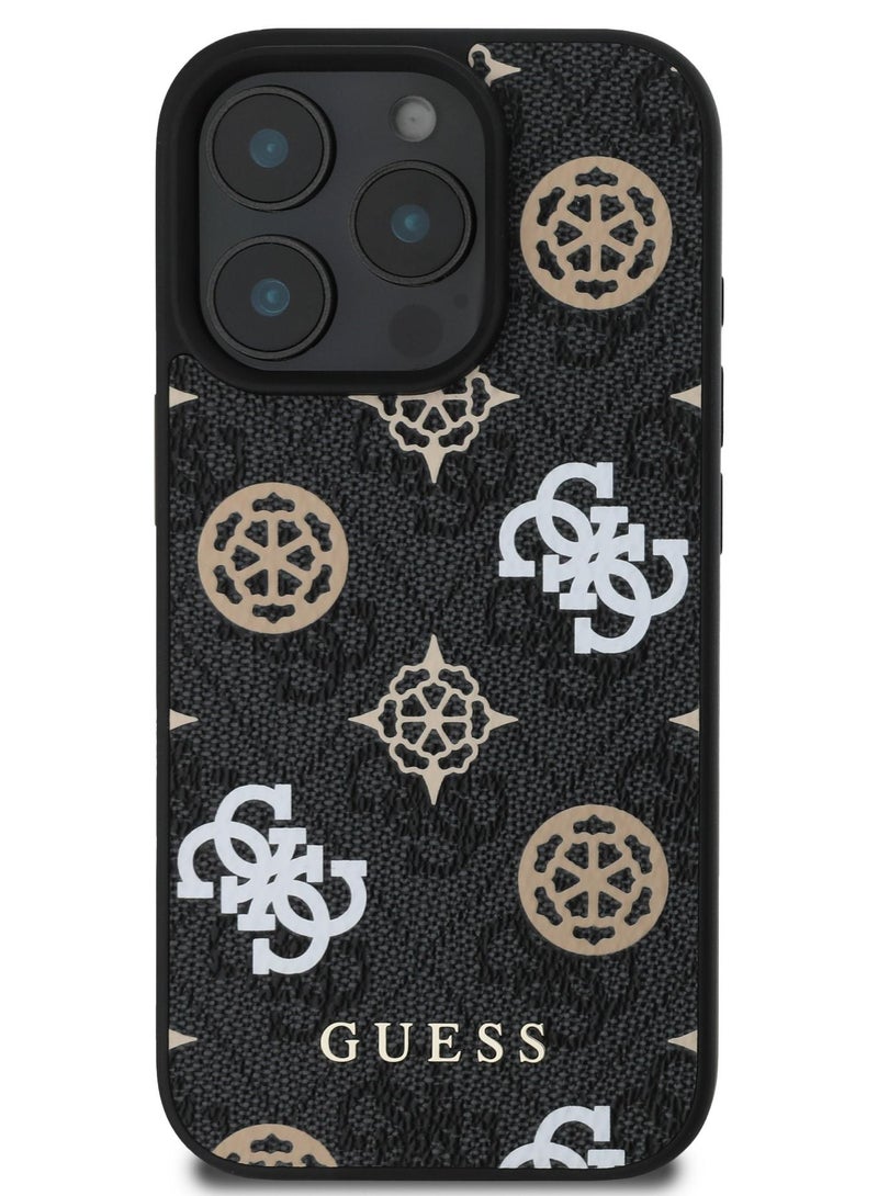 GUESS iPhone 16 Pro Max Case PU Hard Cover with Peony 4G Design / slim profile / Drop protection / Lightweight Back Cover - Black - Image 1
