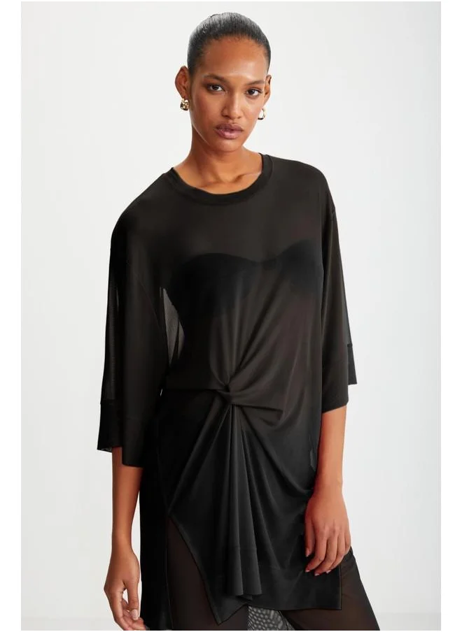GRIMELANGE Grimelange Florizel Women's Polyester Short Sleeve Front Knot Detail Long Black Blouse