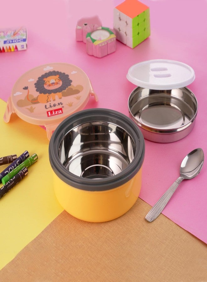 Zerya Tasty Bites Stainless Steel Leak-Proof Snacks Lunch Box for Kids, Outer Plastic Inner Steel Lunch Box with Container & Steel Spoon Lunch Box for School Kids (Orange) - Image 1