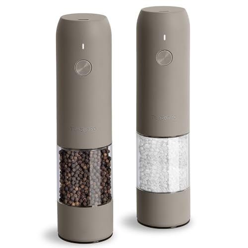 TLYSXPRO Electric Salt and Pepper Grinder Set, USB Rechargeable, Automatic Salt and Pepper Mill Grinder with Adjustable Coarseness, Electric Salt Shakers, LED Light, Refillable (2 Packs, Greige) - Image 1