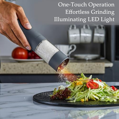 TLYSXPRO Electric Salt and Pepper Grinder Set, USB Rechargeable, Automatic Salt and Pepper Mill Grinder with Adjustable Coarseness, Electric Salt Shakers, LED Light, Refillable (2 Packs, Greige) - Image 2