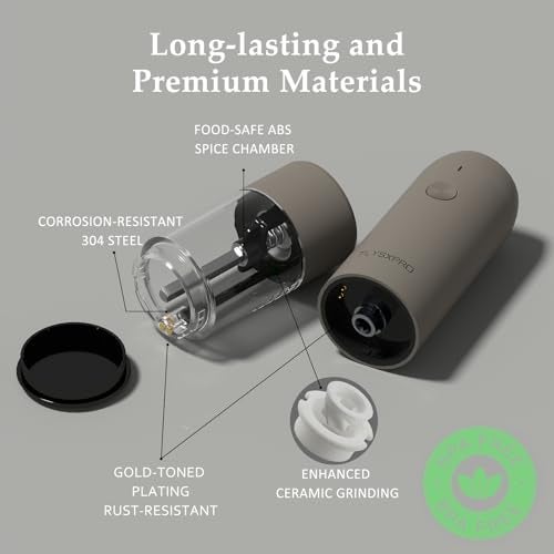 TLYSXPRO Electric Salt and Pepper Grinder Set, USB Rechargeable, Automatic Salt and Pepper Mill Grinder with Adjustable Coarseness, Electric Salt Shakers, LED Light, Refillable (2 Packs, Greige) - Image 3