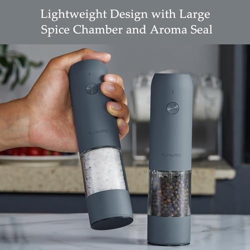 TLYSXPRO Electric Salt and Pepper Grinder Set, USB Rechargeable, Automatic Salt and Pepper Mill Grinder with Adjustable Coarseness, Electric Salt Shakers, LED Light, Refillable (2 Packs, Greige) - Image 4