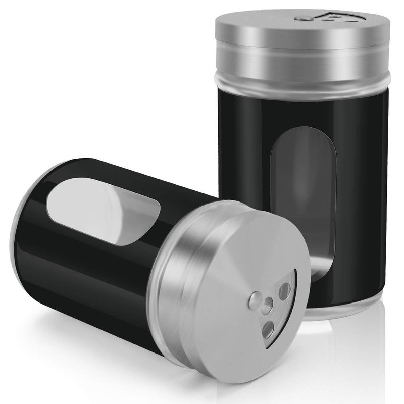 أكمور 2 قطعة من زجاجات الملح والفلفل مصنوعة من الفولاذ المقاوم للصدأ لموزع التوابل مع فتحات صب قابلة للتعديل باللون الأسود