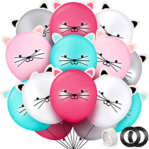 Chalyna 50 Pieces 12 Inch Cat Balloons Party Latex Kitty DIY Animal for Birthday Party with Ears Cat Kids Balloons for Girls Supplies 5 Colors - Image 1