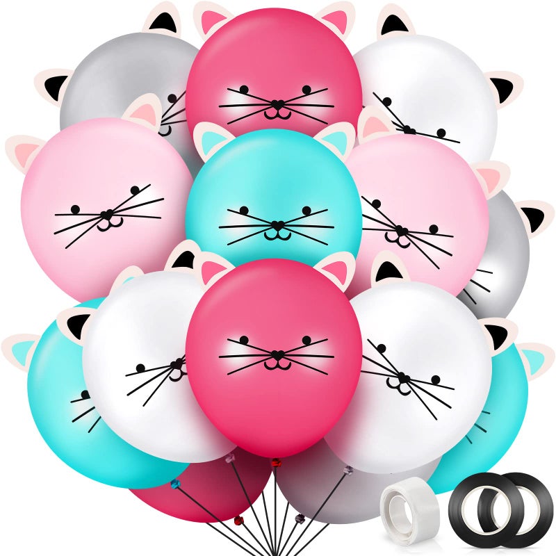 Chalyna 50 Pieces 12 Inch Cat Balloons Party Latex Kitty DIY Animal for Birthday Party with Ears Cat Kids Balloons for Girls Supplies 5 Colors - Image 2