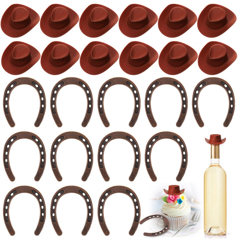 Junkin 24 Pcs Western Theme Party Decorations Birthday Table Centerpieces Mini Horseshoes Cowboy Hats Wagon Wheel Lanterns Horse Rodeo Decor for Crafts Wedding Party Favor Horseshoes and Cowboy Hats