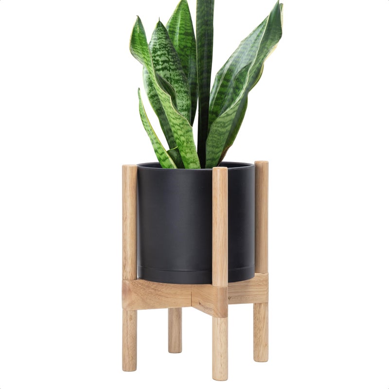 D'vine Dev Planter Pot with Stand - 8 Inch Plastic Cylinder Flower Pot with Wood Planter Holder for Indoor, Matte Black Pot + Natural Stand, 55-C-J-2 - Image 1