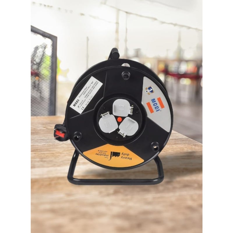 Heavy Duty Cable Reel Extension for outdoor construction use, PVC-coated copper cable, black, 25m/50m length with thermal cut-out, safety shutter, master switch, 3x1.5mm/3x2.5mm/2x1.5mm, 3 socket 13A UK plug - Image 3