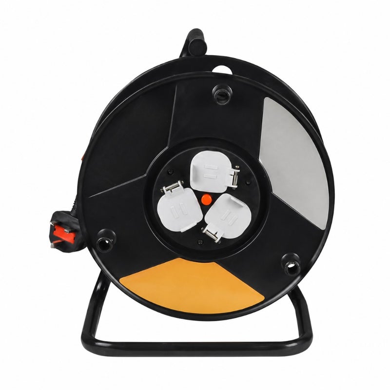 Heavy Duty Cable Reel Extension for outdoor construction use, PVC-coated copper cable, black, 25m/50m length with thermal cut-out, safety shutter, master switch, 3x1.5mm/3x2.5mm/2x1.5mm, 3 socket 13A UK plug - Image 1