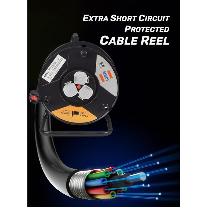 Heavy Duty Cable Reel Extension for outdoor construction use, PVC-coated copper cable, black, 25m/50m length with thermal cut-out, safety shutter, master switch, 3x1.5mm/3x2.5mm/2x1.5mm, 3 socket 13A UK plug - Image 5