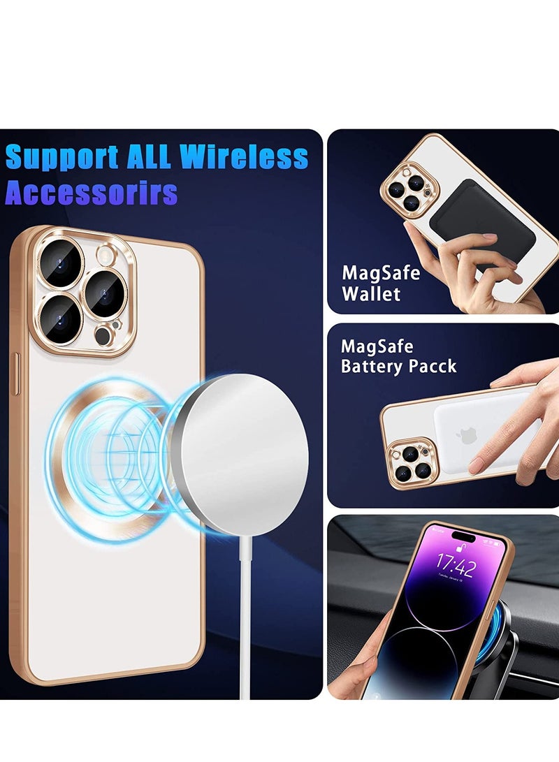 Compatible with iPhone 14 Pro Max Case Magnetic with Full Camera Lens Protective,Electroplated Silicone Clear Shockproof Protective Case Cover 6.7 Inch (Gold) - Image 2