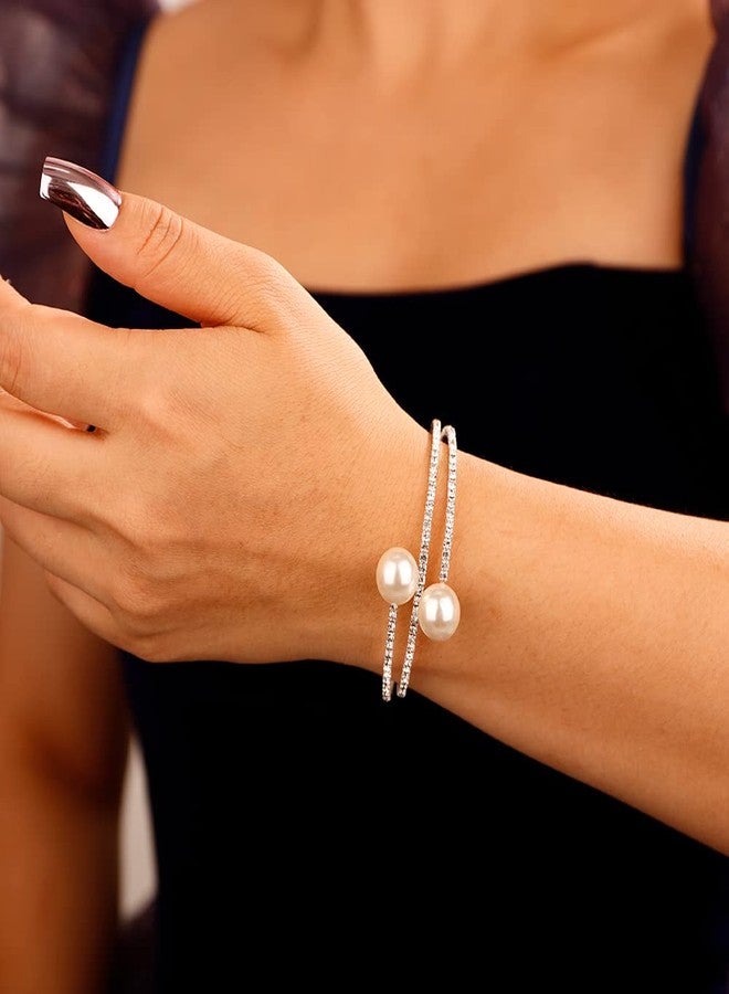 Xerling Wedding Hand Jewelry for Brides Rhinestones Layered Bracelets for Women Faux Pearl Cuff Bangle Bracelets Stretch Hand Chain Bracelets Elastic (Type B-Silver) - Image 2