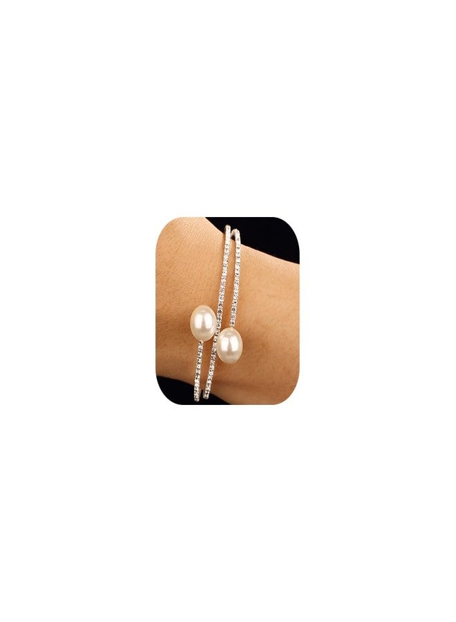 Xerling Wedding Hand Jewelry for Brides Rhinestones Layered Bracelets for Women Faux Pearl Cuff Bangle Bracelets Stretch Hand Chain Bracelets Elastic (Type B-Silver) - Image 1
