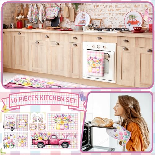 Fourluoo 10 Pcs Spring Flower Farmhouse Kitchen Decor Set Dish Towels Kitchen Rugs Oven Mitts and Pot Holders Set for Cooking Baking Grilling Women Mom Daughter GiftVibrant Color - Image 3