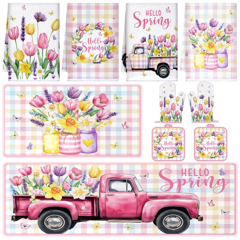 Fourluoo 10 Pcs Spring Flower Farmhouse Kitchen Decor Set Dish Towels Kitchen Rugs Oven Mitts and Pot Holders Set for Cooking Baking Grilling Women Mom Daughter GiftVibrant Color - Image 2