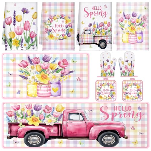 Fourluoo 10 Pcs Spring Flower Farmhouse Kitchen Decor Set Dish Towels Kitchen Rugs Oven Mitts and Pot Holders Set for Cooking Baking Grilling Women Mom Daughter GiftVibrant Color - Image 1