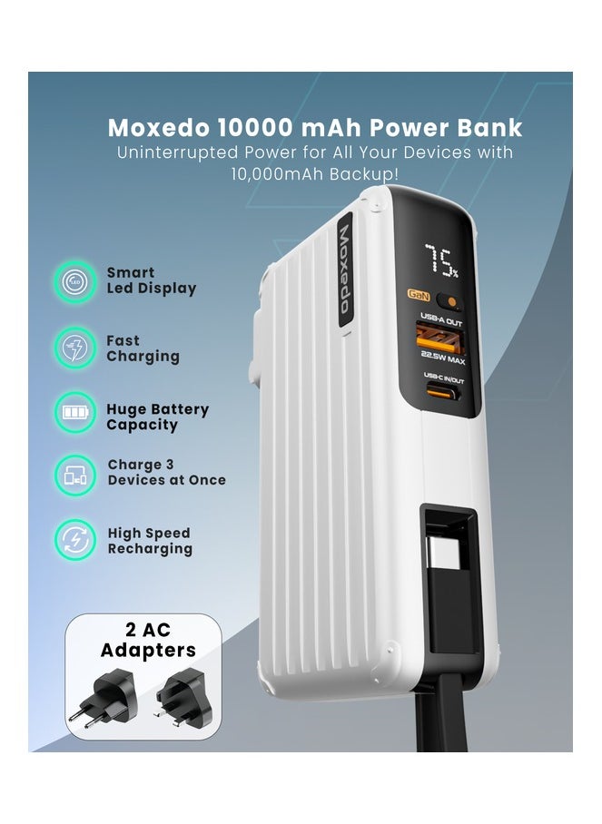 Moxedo Moxedo Porta-Go 10,000 mAh 22.5W Power Bank with Built-in Foldable Interchangeable AC Plug, USB-C Cable and Included 2 Travel Adapters (White)  - Image 2