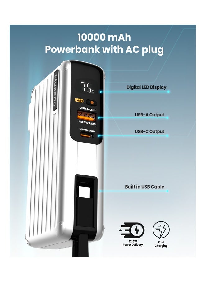 Moxedo Moxedo Porta-Go 10,000 mAh 22.5W Power Bank with Built-in Foldable Interchangeable AC Plug, USB-C Cable and Included 2 Travel Adapters (White)  - Image 4