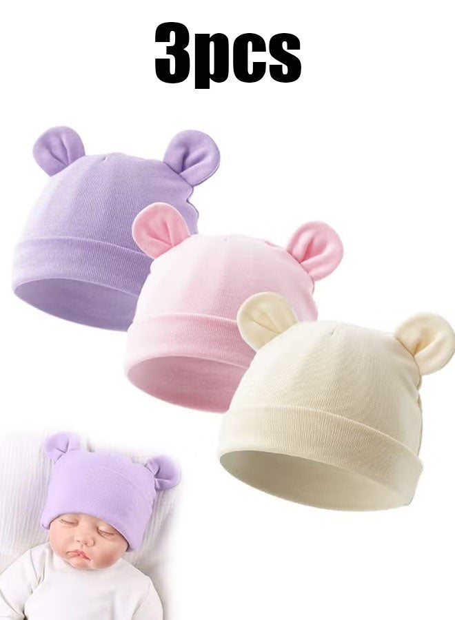إيليلي 3 قطع من قبعات المستشفى للأطفال حديثي الولادة للبنات سميكة ولطيفة على شكل دب من القطن للأطفال الذكور من عمر 0 ​​إلى 6 أشهر - Image 1