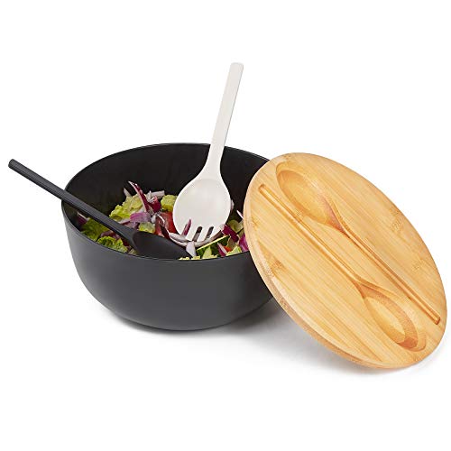 ECOHAGOU 10" Large Salad Serving Bowl with Utensils in Lid, Bamboo Fiber Salad Bowl with Lid, Mixing Bowl with Servers set for Pasta,Fruit,Veggies,Popcorn to Replace Wooden Bowls - Matte Black - Image 3