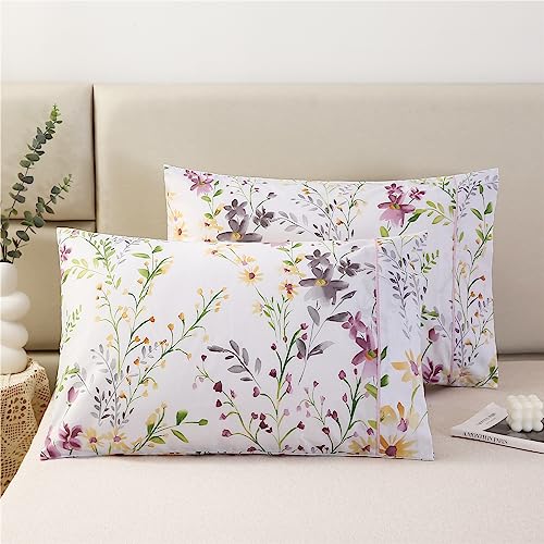 URBONUR 100% Cotton Pillowcases Set of 2 Standard Size Floral Printed Pillow Cases Soft Breathable Cooling Pillowcase Decorative Pillow Cover (Standard, 20x26 Inches, Lilac) - Image 1