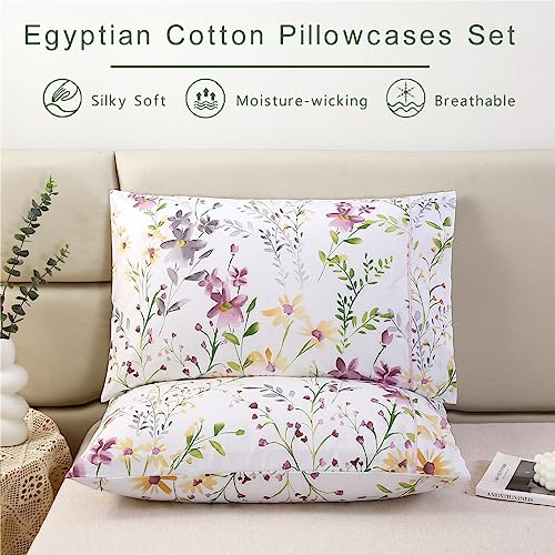 URBONUR 100% Cotton Pillowcases Set of 2 Standard Size Floral Printed Pillow Cases Soft Breathable Cooling Pillowcase Decorative Pillow Cover (Standard, 20x26 Inches, Lilac) - Image 2