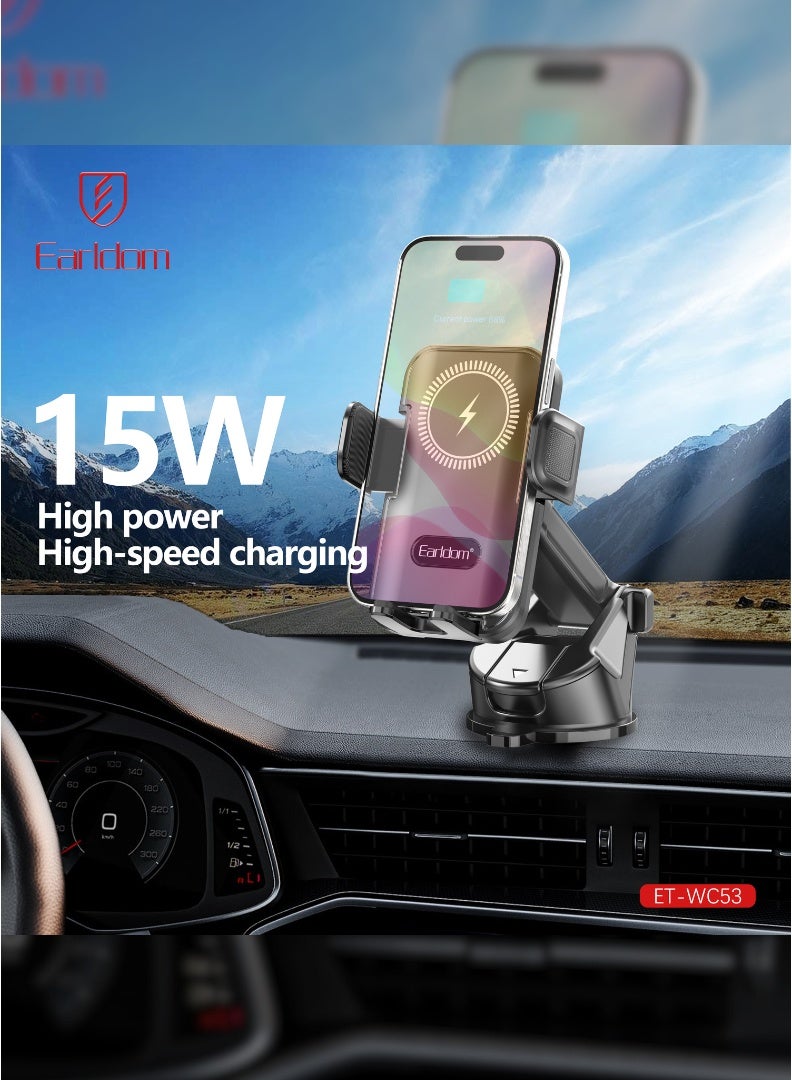 Earldom 15W Wireless Car Charger – Auto Clamp Fast Charging Phone Holder for Dashboard & Windshield Mount - Image 4
