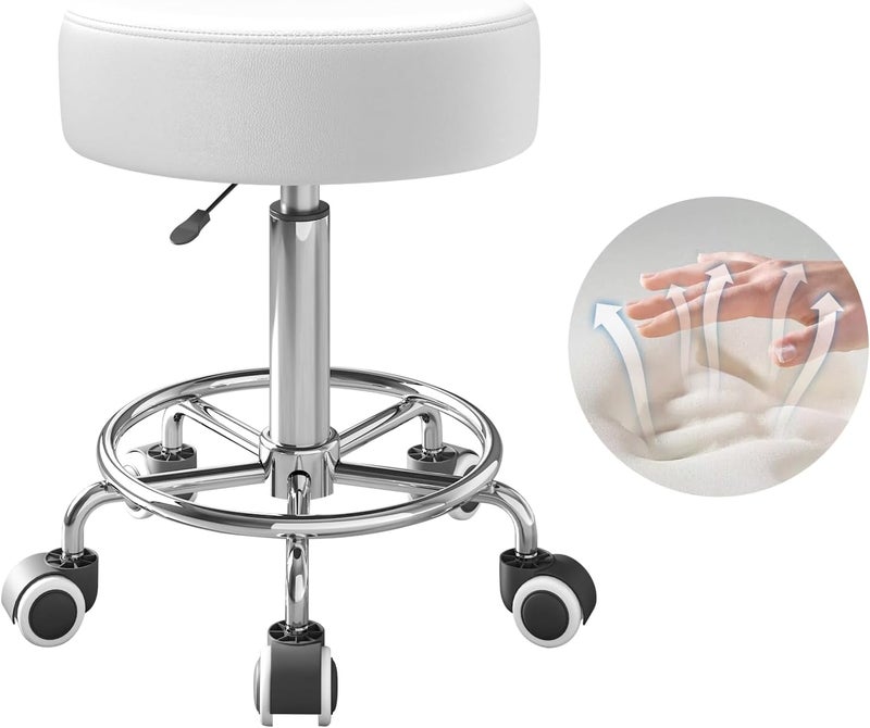 Rolling Stool Heavy Weight Capacity 250lb PU Leather Rolling stools Ultra Soft Padded Seat Rolling Stools with Wheels and Footrest 360 Swivel Spa Drawing Salon Work Office Tattoo Stool white