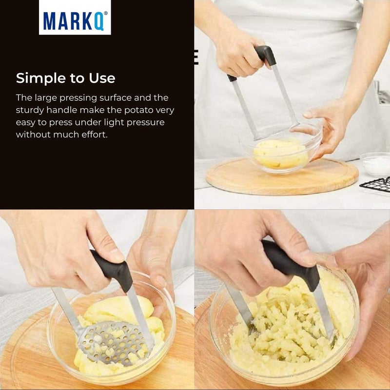 MARKQ Stainless Steel Potato Masher – 17.5 cm Hand Masher with Wide Ergonomic Handle & Fine-Grid Plate | Heavy-Duty Manual Masher for Potatoes, Fruits & Vegetables - Assorted Colors (Black/Sky Blue) - Image 4