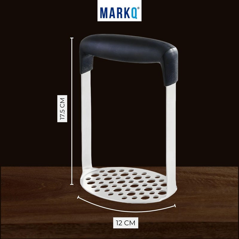 MARKQ Stainless Steel Potato Masher – 17.5 cm Hand Masher with Wide Ergonomic Handle & Fine-Grid Plate | Heavy-Duty Manual Masher for Potatoes, Fruits & Vegetables - Assorted Colors (Black/Sky Blue) - Image 3