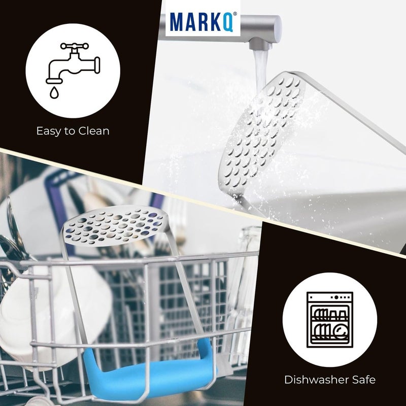 MARKQ Stainless Steel Potato Masher – 17.5 cm Hand Masher with Wide Ergonomic Handle & Fine-Grid Plate | Heavy-Duty Manual Masher for Potatoes, Fruits & Vegetables - Assorted Colors (Black/Sky Blue) - Image 5