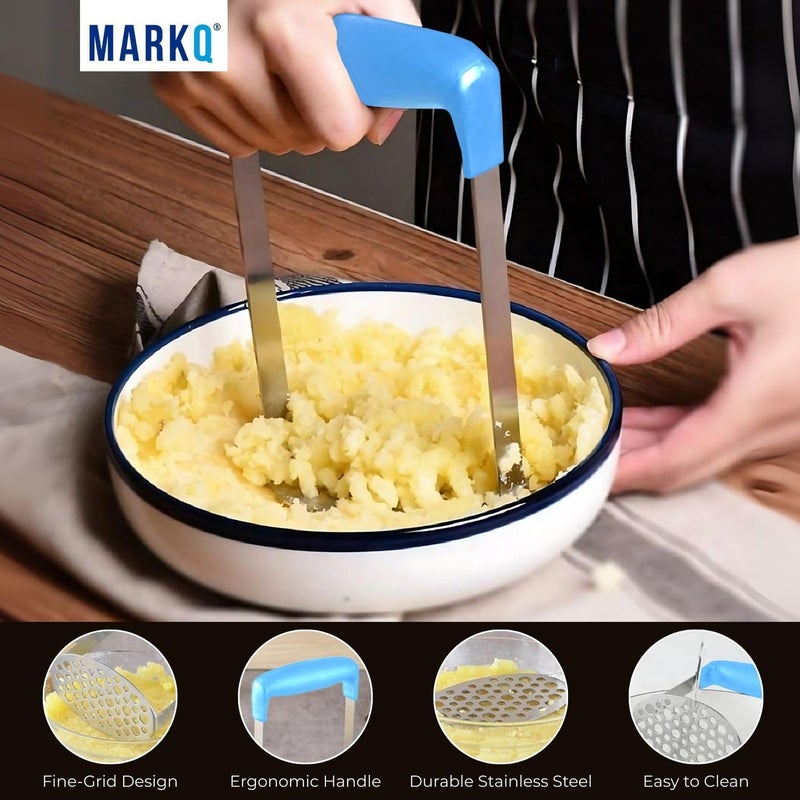 MARKQ Stainless Steel Potato Masher – 17.5 cm Hand Masher with Wide Ergonomic Handle & Fine-Grid Plate | Heavy-Duty Manual Masher for Potatoes, Fruits & Vegetables - Assorted Colors (Black/Sky Blue) - Image 2