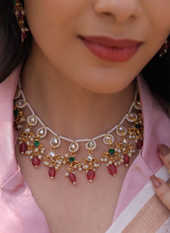 Binnis Wardrobe Kundan Studded & Beaded Necklace and Earrings - Image 2