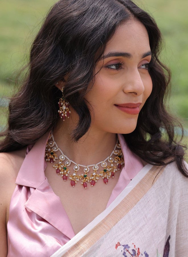 Binnis Wardrobe Kundan Studded & Beaded Necklace and Earrings - Image 1