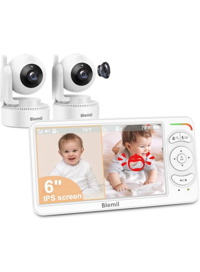 Blemil Baby Monitor, Video Baby Monitor with 2 Cameras and Audio, 6 IPS Large Split Screen Pan/Tilt/Zoom, Video Monitor with Clear Night Vision and Duration - Image 1