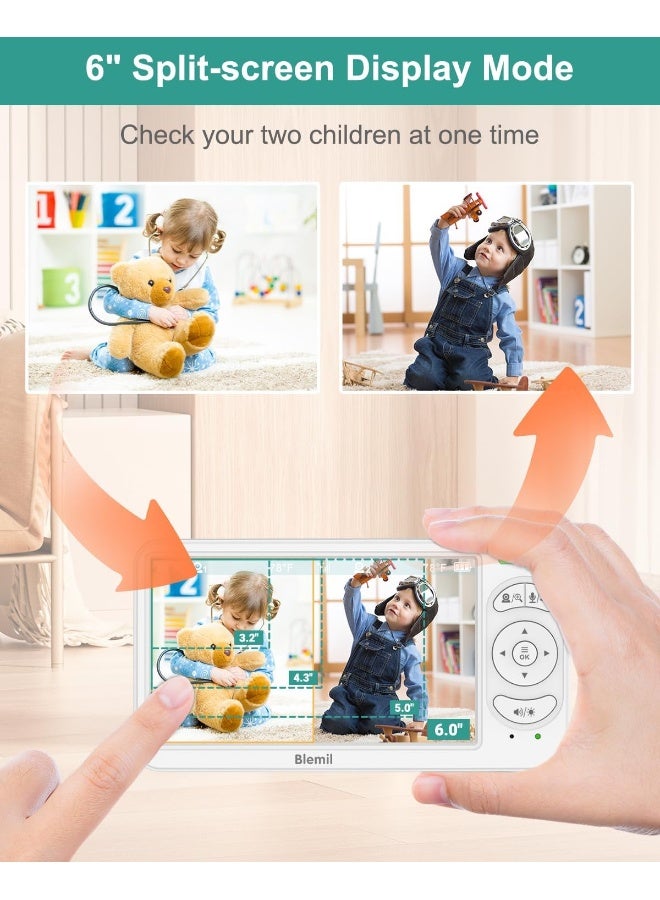 Blemil Baby Monitor, Video Baby Monitor with 2 Cameras and Audio, 6 IPS Large Split Screen Pan/Tilt/Zoom, Video Monitor with Clear Night Vision and Duration - Image 2