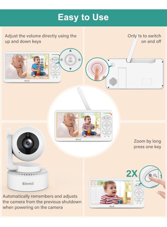 Blemil Baby Monitor, Video Baby Monitor with 2 Cameras and Audio, 6 IPS Large Split Screen Pan/Tilt/Zoom, Video Monitor with Clear Night Vision and Duration - Image 4